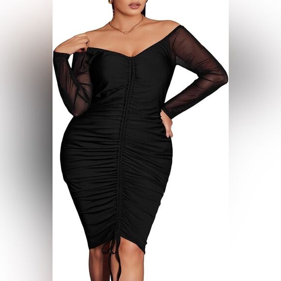 Sexy Mesh Bodycon Off Shoulder Long Sleeve Ruched Drawstring Knee Length Dress - Picture 2 of 14